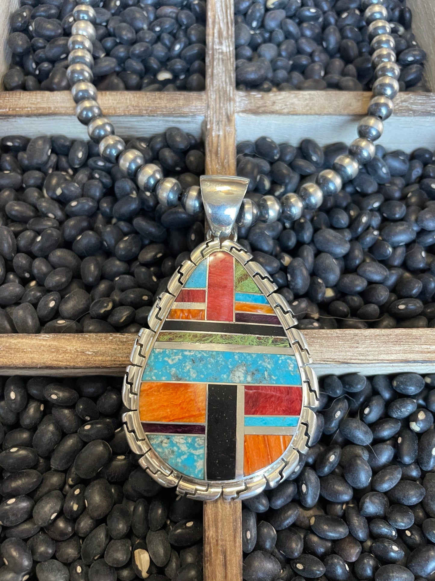 Handcrafted Multi Stone Inlay & Sterling Silver Pendant Signed LK