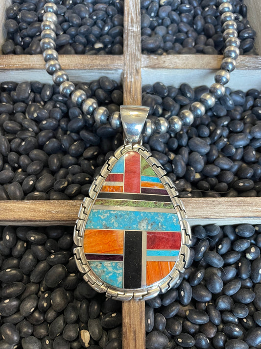 Handcrafted Multi Stone Inlay & Sterling Silver Pendant Signed LK