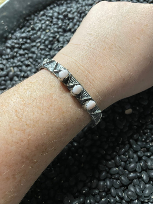 Handcrafted Pink Conch & Sterling Silver Tufa Cast Cuff Bracelet Signed