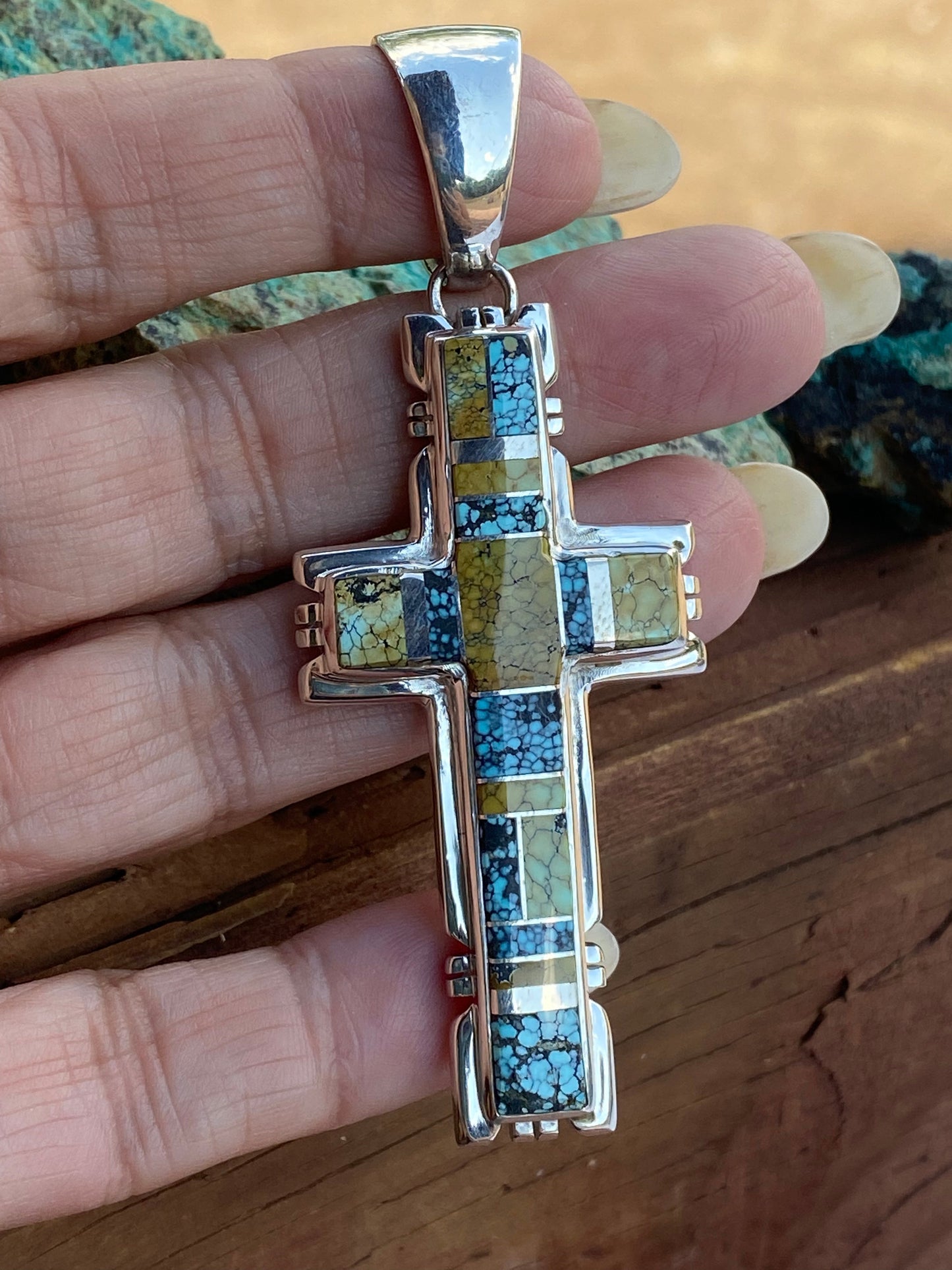 Natural Blue Moon Turquoise & Sterling Silver Navajo  Cross Pendant