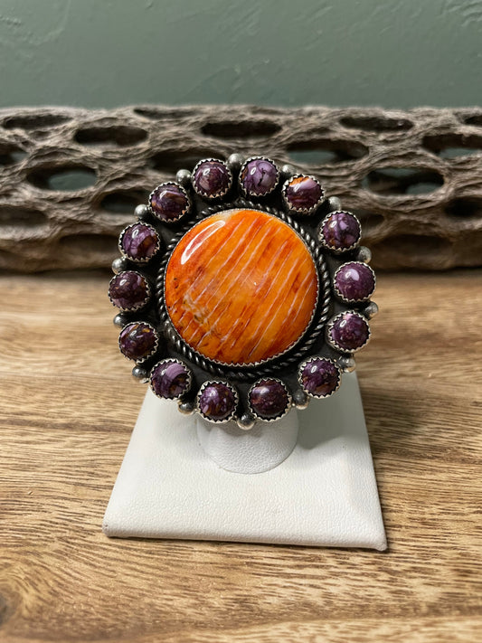 Handcrafted Sterling Silver And Orange And Purple Spiny Adjustable Ring