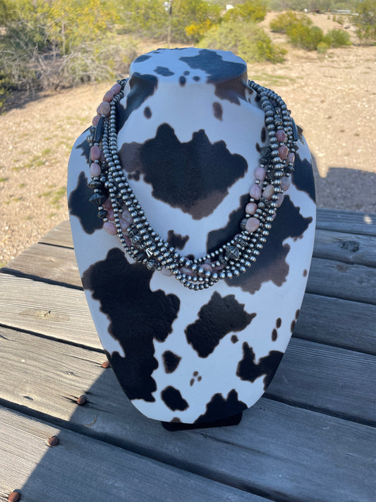 Handcrafted Sterling Silver Pink Conch 7 Strand Beaded Necklace 20-22inch