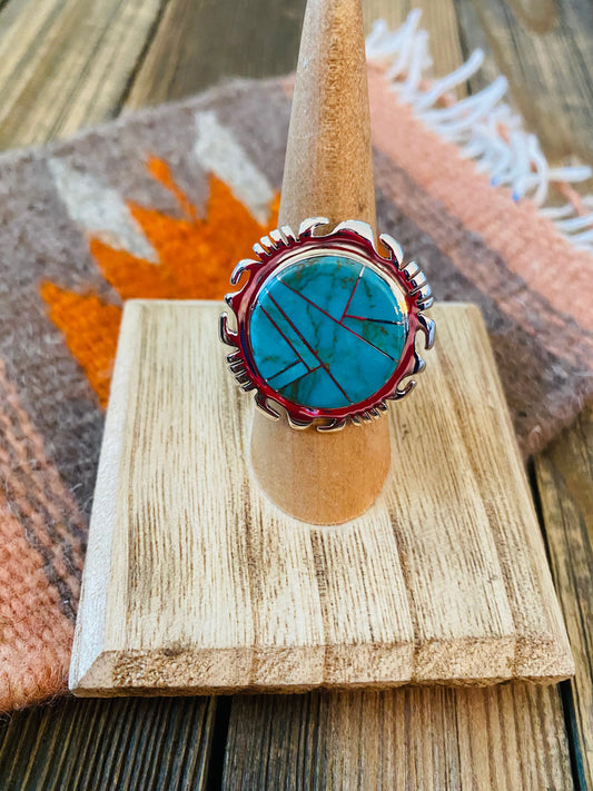 Handcrafted Sterling Silver & Turquoise Inlay Ring Size 6.5