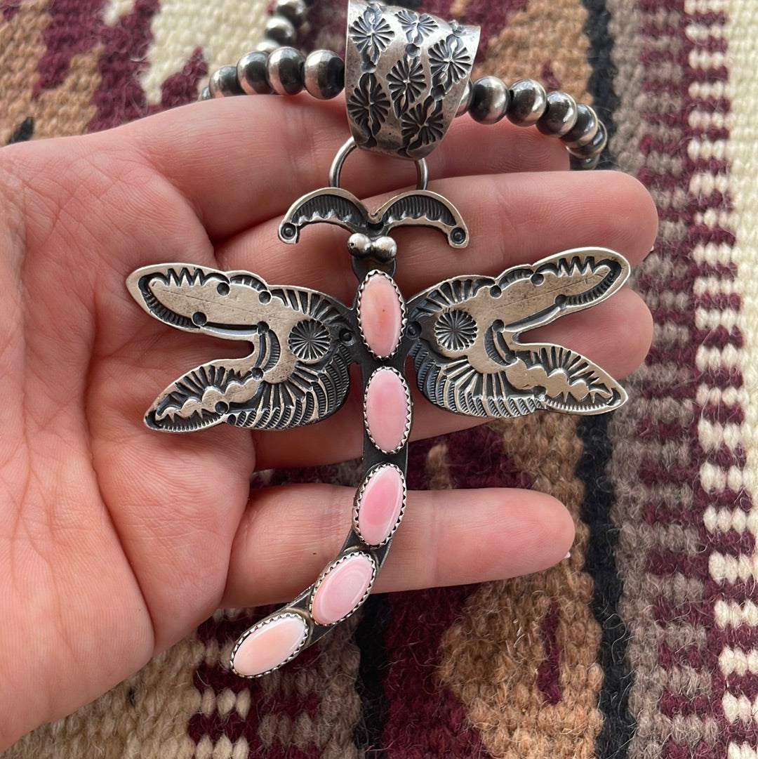 Handcrafted Pink Conch & Sterling Silver Dragonfly Pendant Signed E Billah
