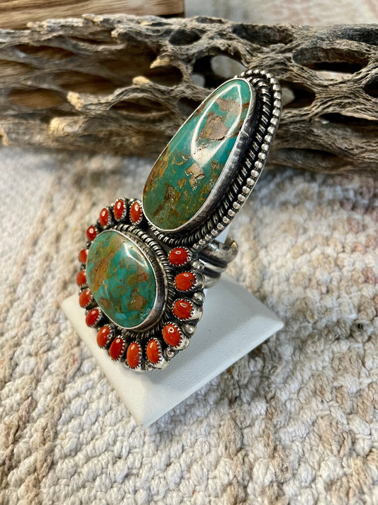 Handcrafted Sterling Silver Royston Turquoise And Coral Ring Size 10 Signed