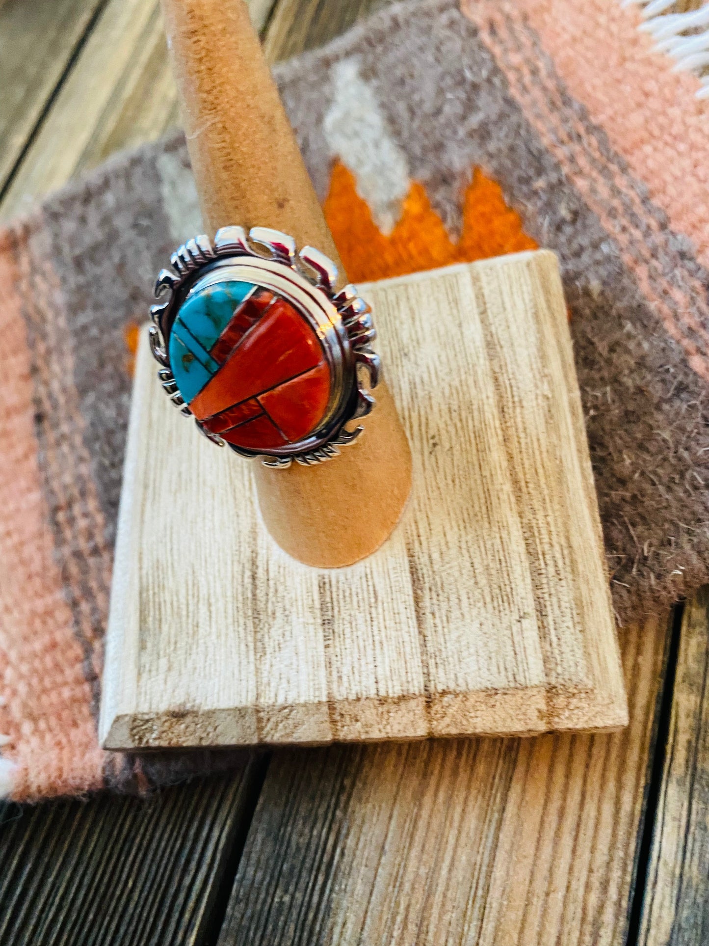 Handcrafted Sterling Silver, Orange Spiny & Turquoise Inlay Ring Size 6.5