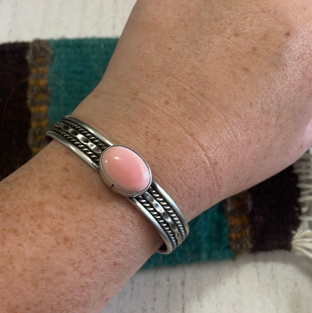 Navajo Pink Conch & Sterling Silver Adjustable Oval Cuff Bracelet Signed Tahe