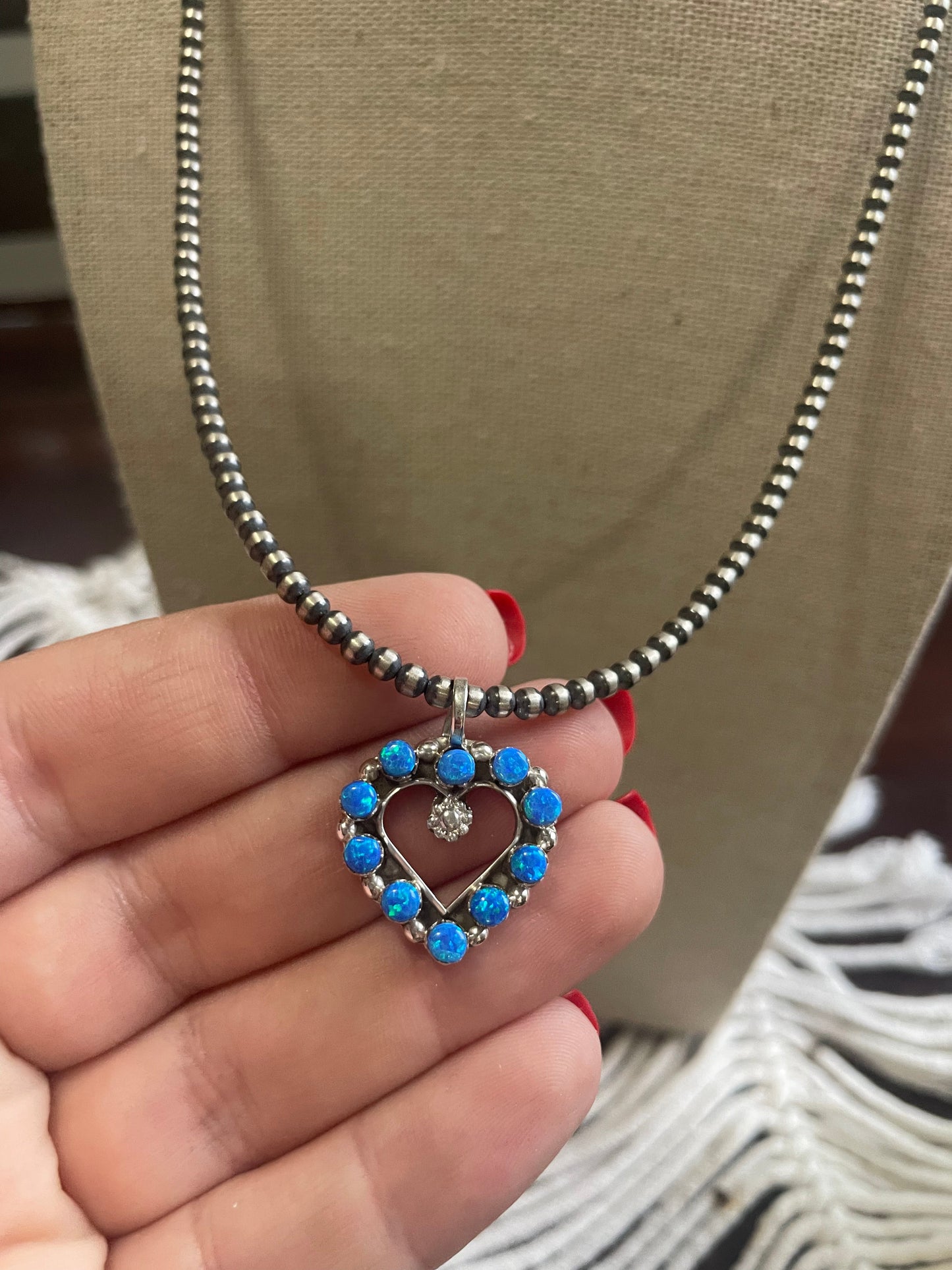 Zuni Sterling Silver & Blue Fire Opal Heart Pendant