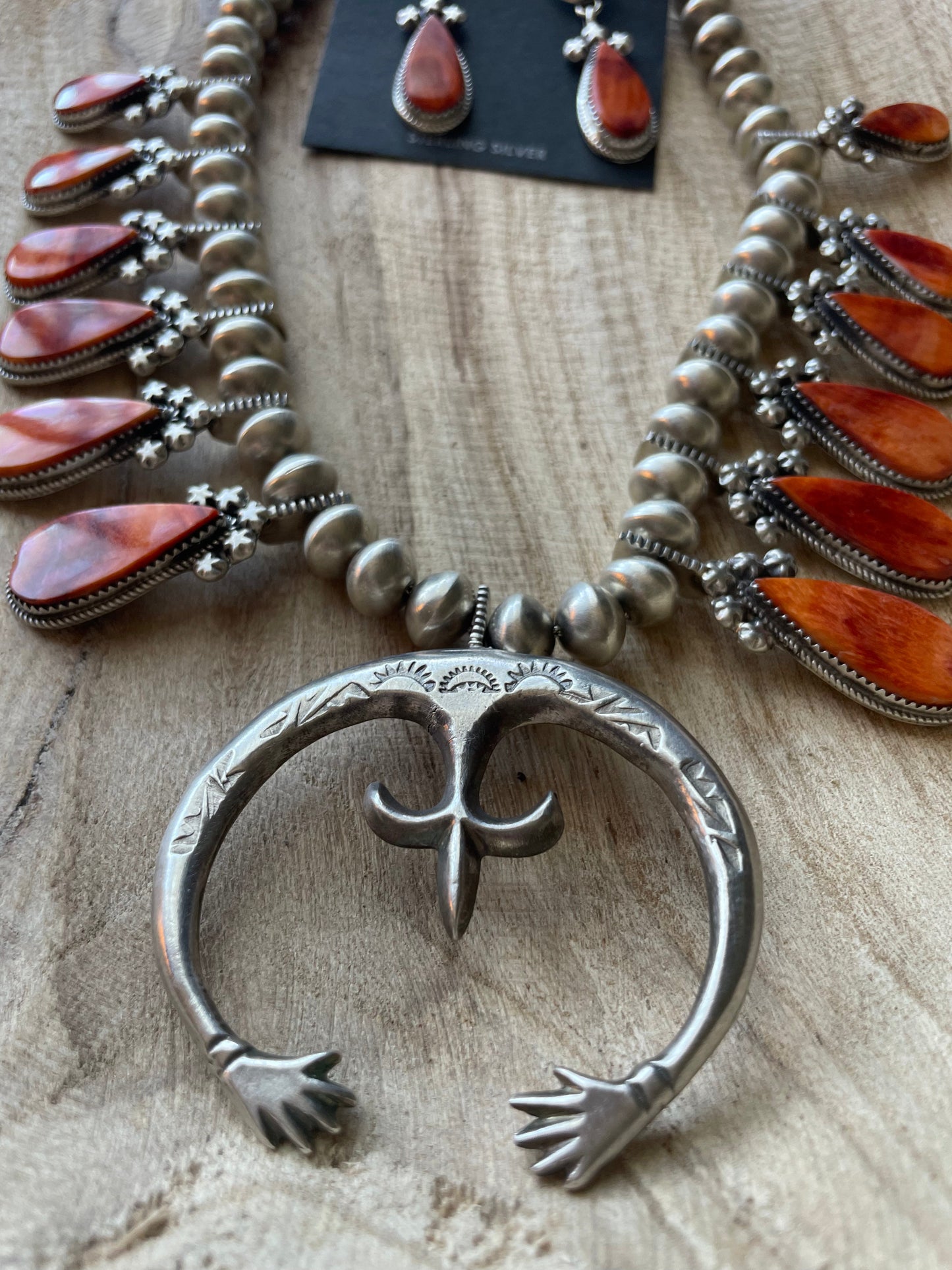 Handcrafted Orange Spiny And Sterling Silver Squash Blossom Necklace Earrings Set By Selena Warner