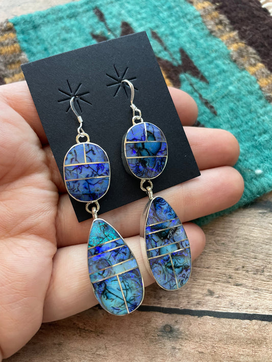 Handcrafted Blue Opal Web & Sterling Silver Dangle Earrings Signed
