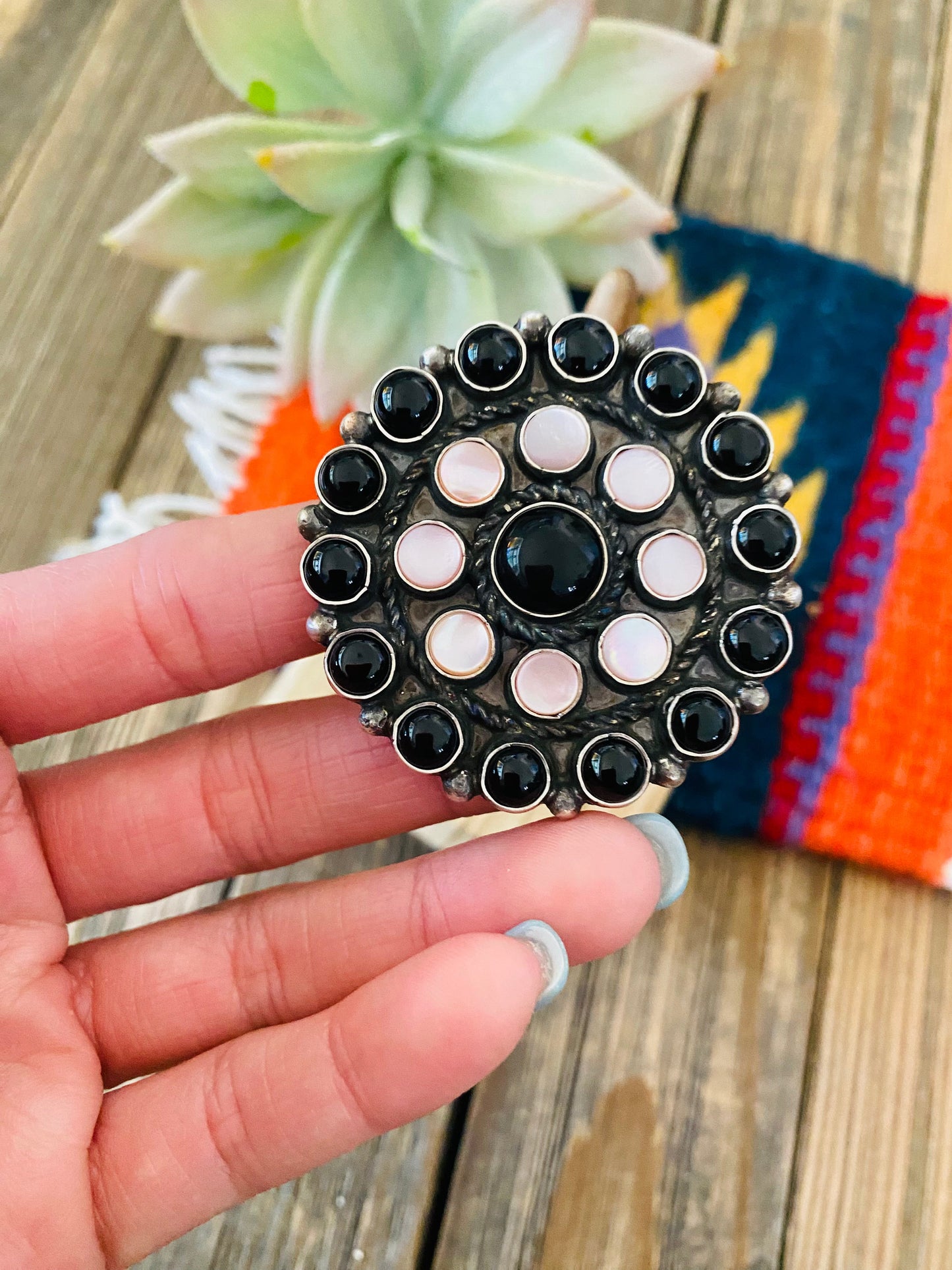 Handcrafted  Sterling Silver, Onyx & Mother of Pearl Cluster Ring Size 9