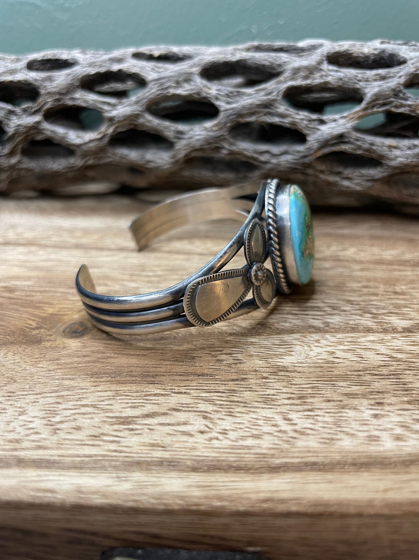 Handcrafted Turquoise And Sterling Silver Handmade Adjustable Cuff By M Spencer