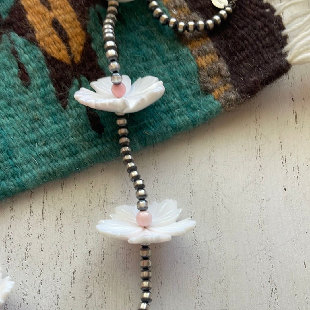 Handcrafted Pink Conch & Sterling Silver Flower Beaded Necklace 48”