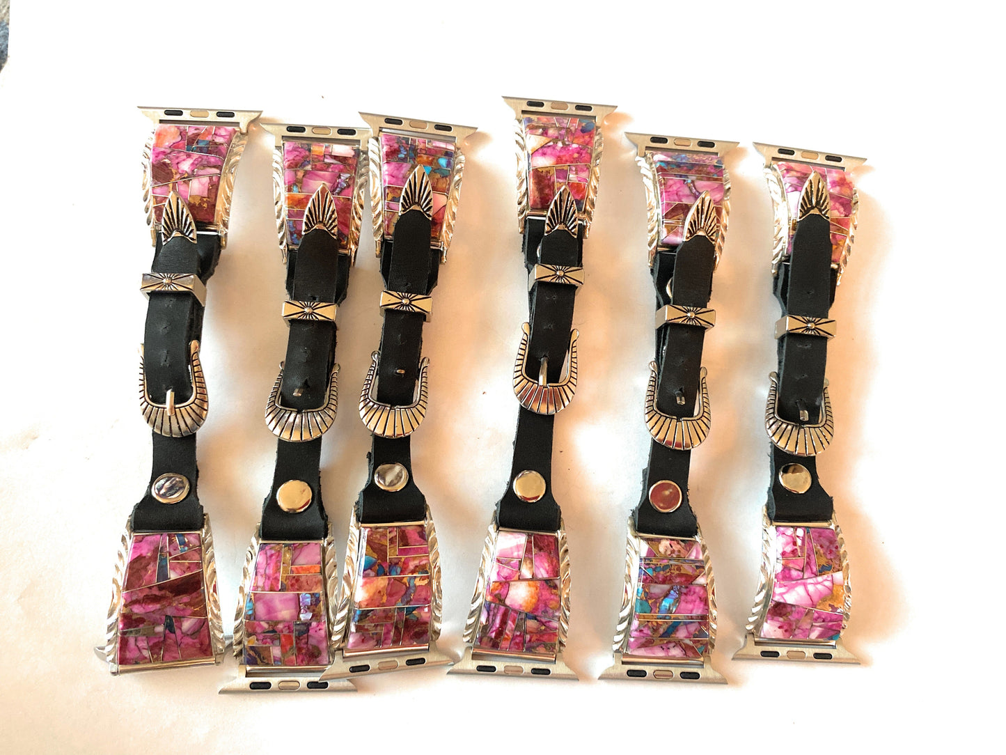 Handcrafted Pink Dream Mohave, Sterling Silver & Black Leather Smartphone Watch Band