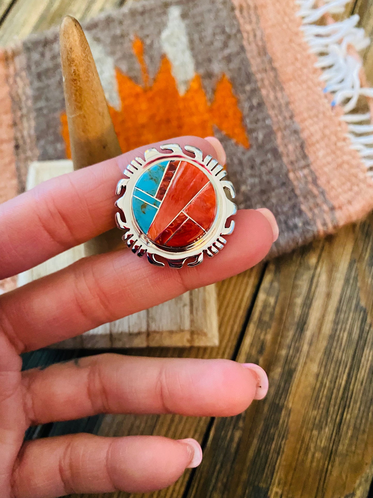 Handcrafted Sterling Silver, Orange Spiny & Turquoise Inlay Ring Size 6.5