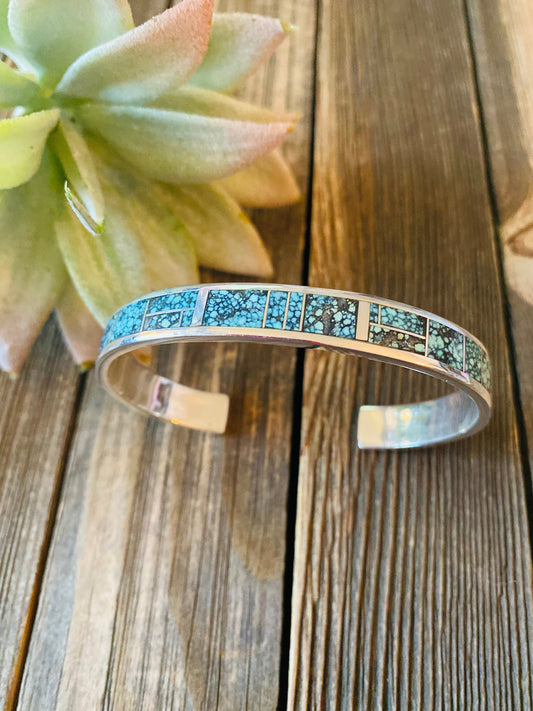 Handcrafted Kingman Spiderweb Turquoise & Sterling Silver Inlay Cuff Bracelet