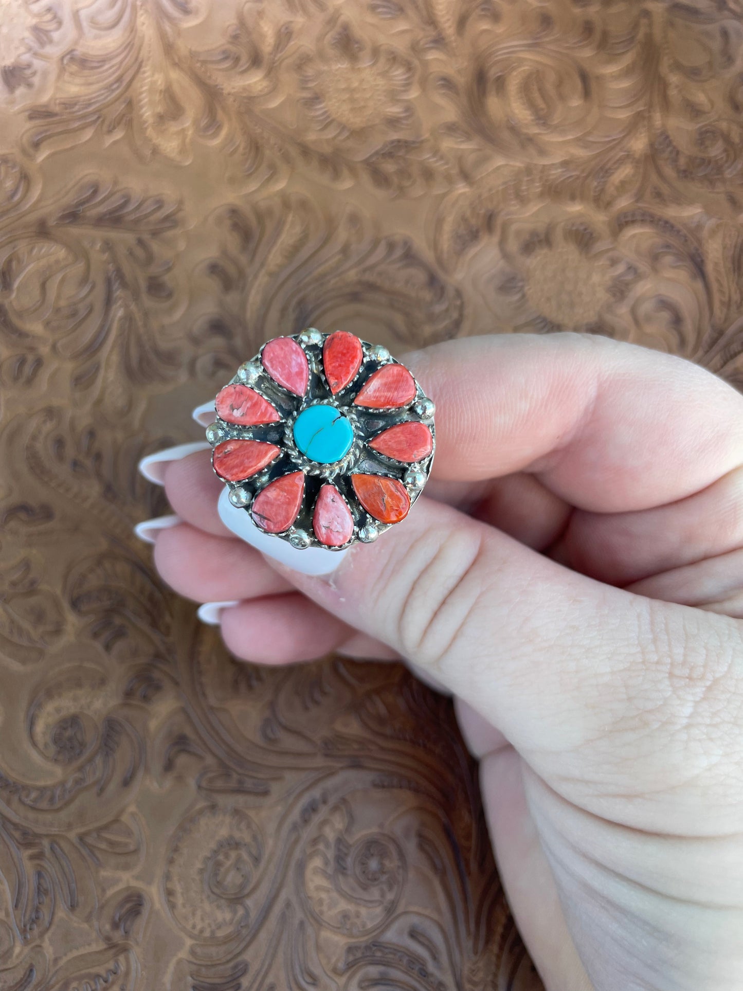 Navajo Sterling Silver And Red Spiny Ring Size 10