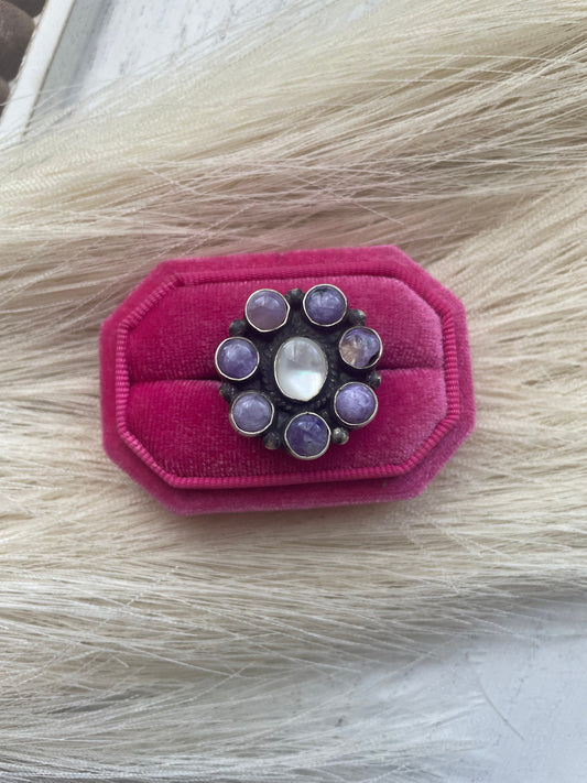 Handcrafted Charoite & White Topaz Sterling Silver Adjustable Ring Signed