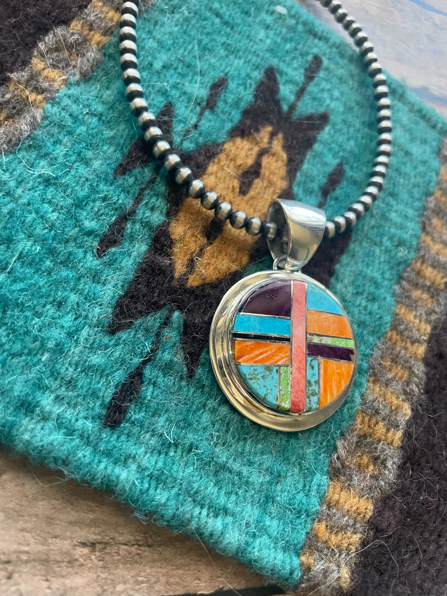 Handcrafted Multi Stone Inlay & Sterling Silver Circle Pendant