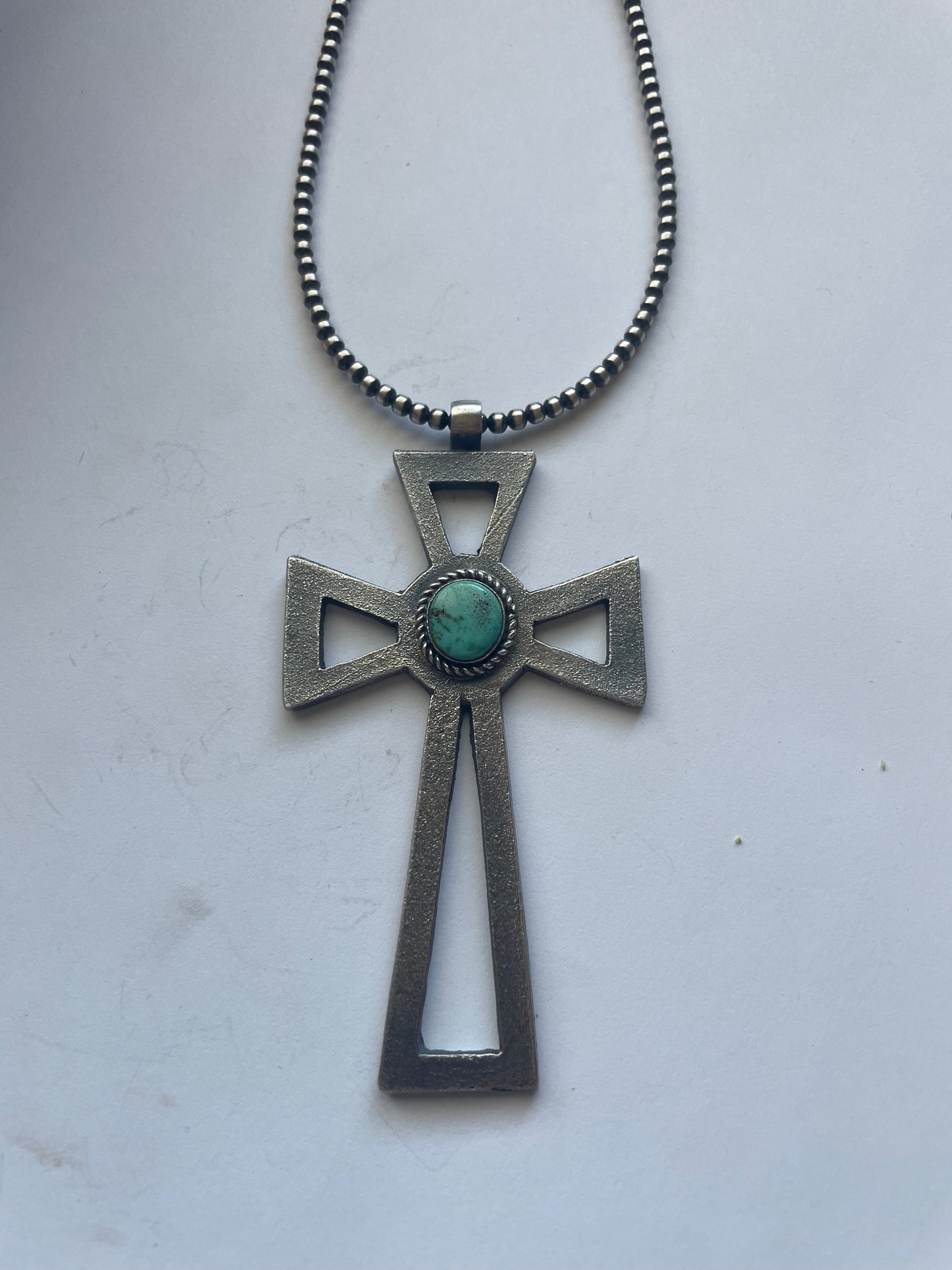 Handcrafted Sterling Silver & Turquoise Cross Pendant Signed Eugene Mitchell