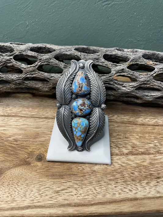 Handcrafted Golden Hills Turquoise And Sterling Silver Feather Adjustable Ring