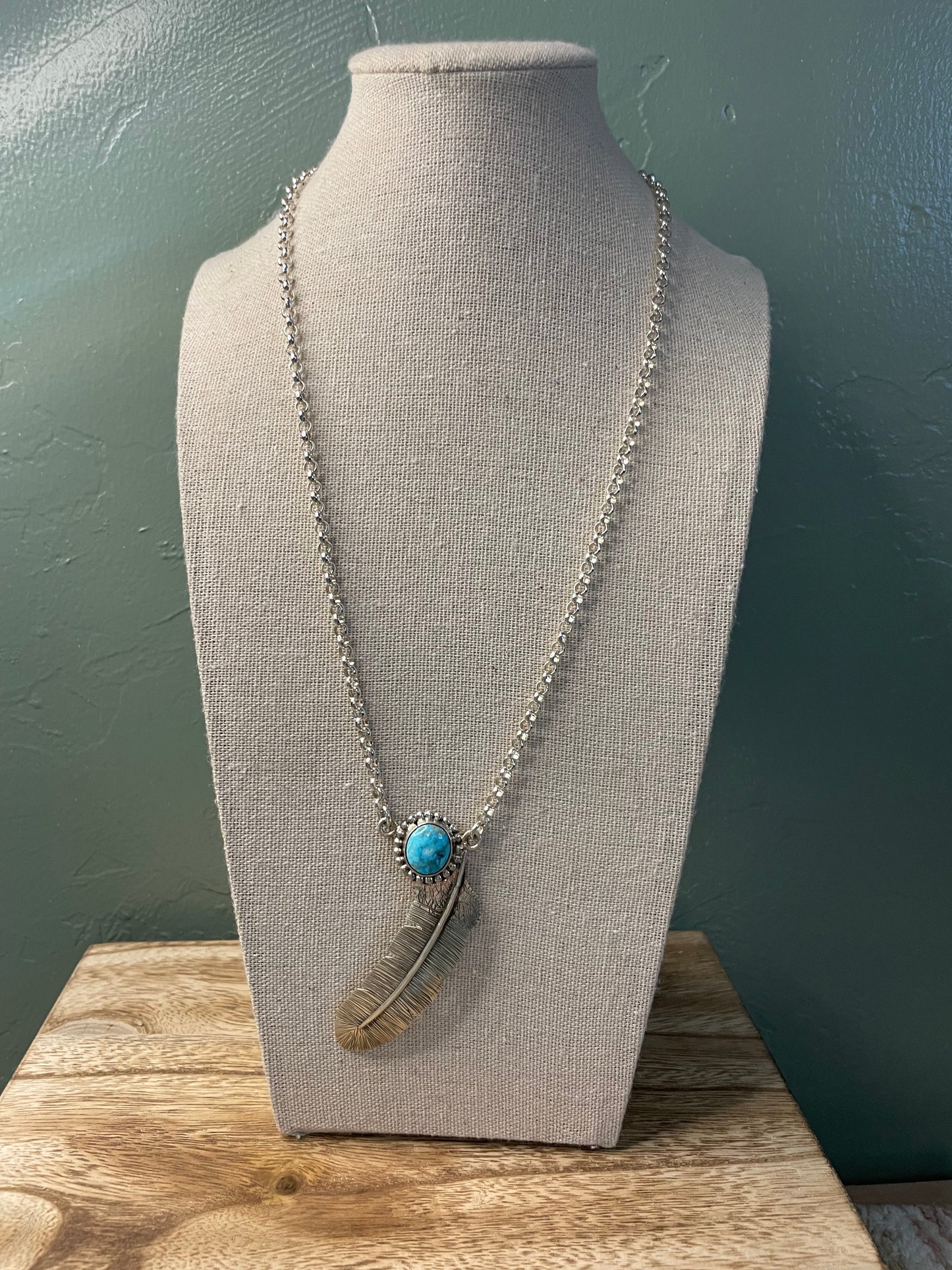 Navajo Sterling Silver And Turquoise Feather Necklace Signed And Stamped