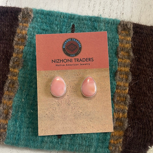 Navajo Sterling Silver & Pink Conch Tear Drop Stud Earrings Signed