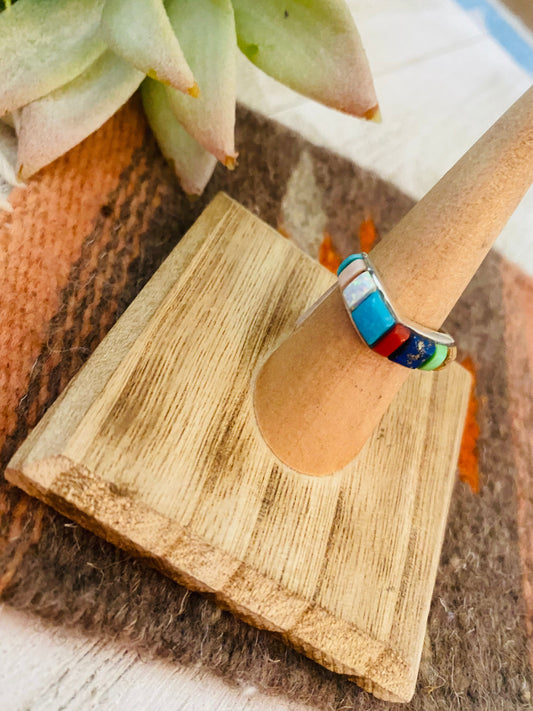 Handcrafted Sterling Silver & Multi Stone Inlay Band Ring Size 6.5