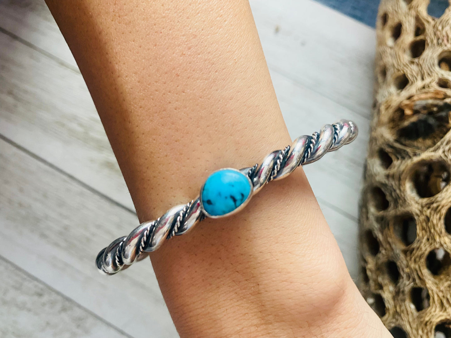 Handcrafted Twisted Sterling Silver & Kingman Turquoise Cuff Bracelet
