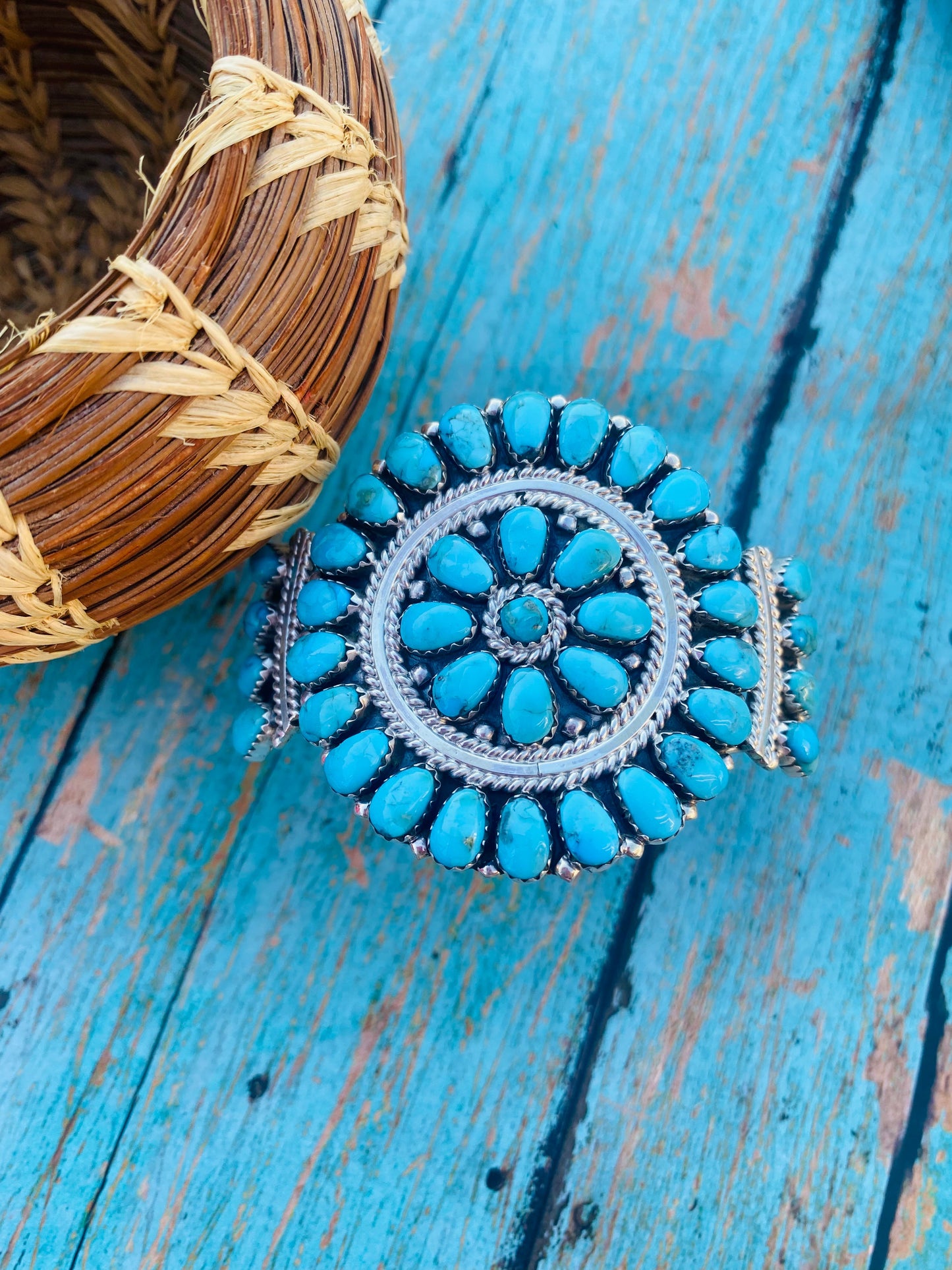 Handcrafted Kingman Turquoise & Sterling Silver Cluster Bracelet Cuff /