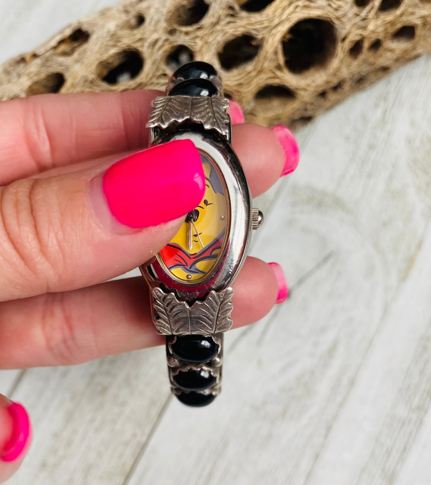 Old Pawn Vintage Handcrafted Onyx & Sterling Silver Watch Cuff