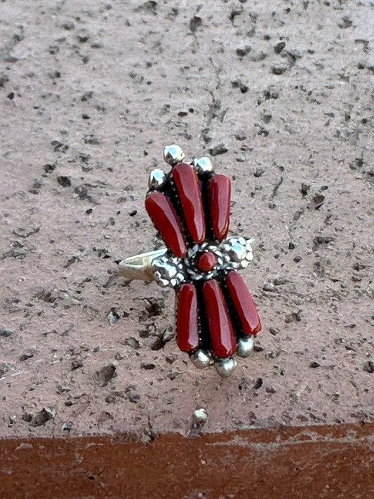 Handcrafted Sterling Silver & Coral Needlepoint Ring