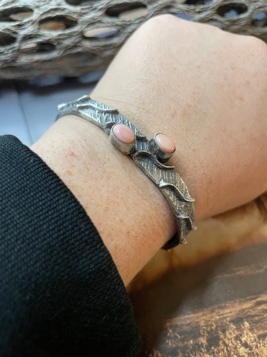 Handcrafted Pink Conch & Sterling Silver Tufa Cast Cuff Bracelet Signed