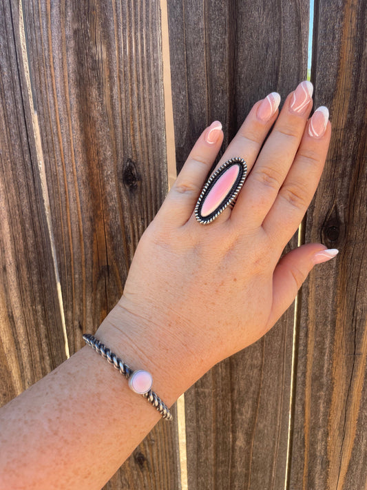 Handcrafted Circle Pink Conch & Sterling Silver Adjustable Cuff Bracelet