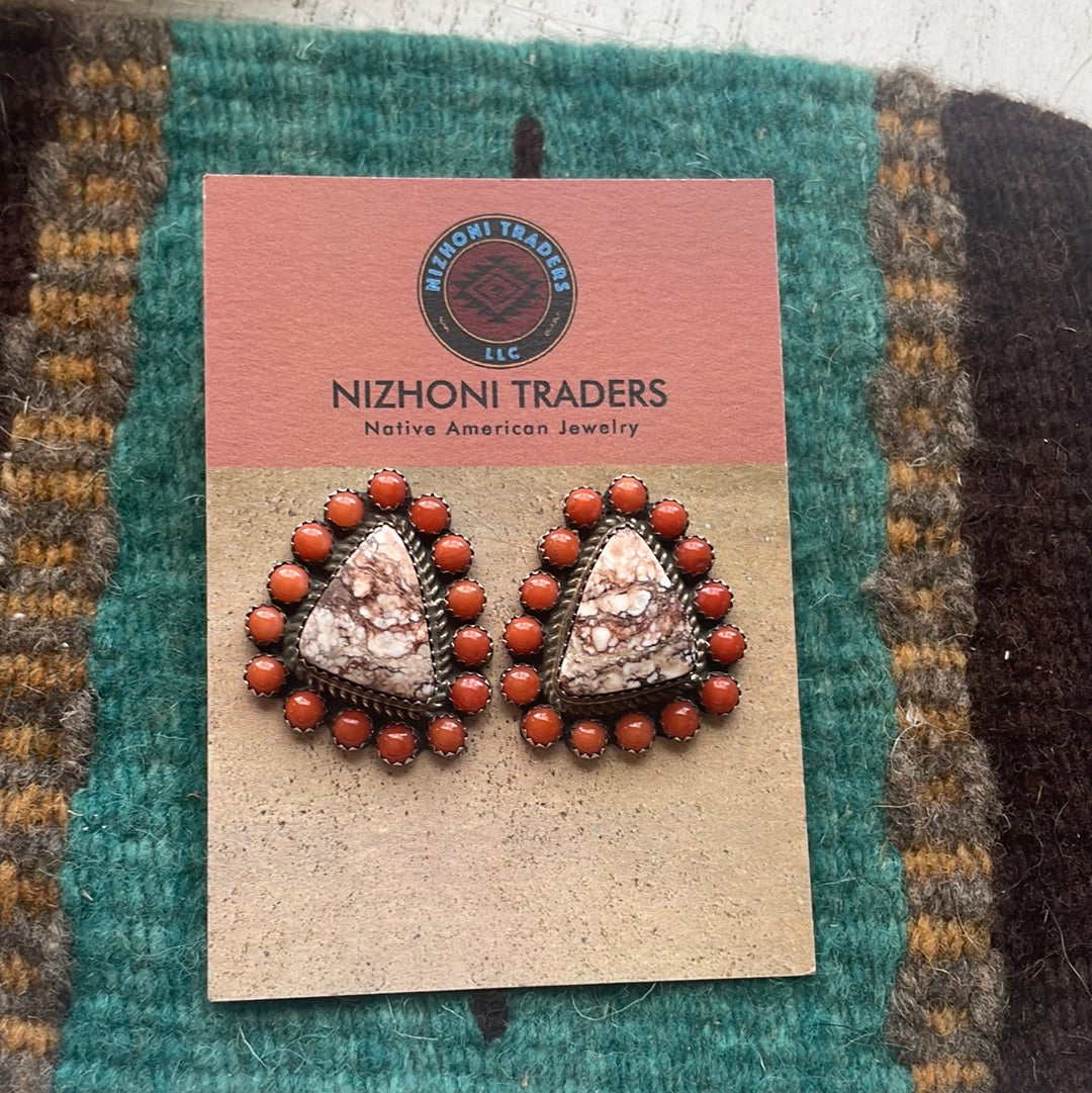 Beautiful Navajo Sterling Silver & Coral Post Earrings Signed
