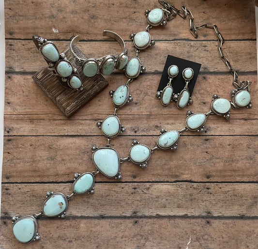 Larry Kaye Handcrafted Dry Creek Turquoise Drop Necklace, Earrings, Ring, Bracelet Set