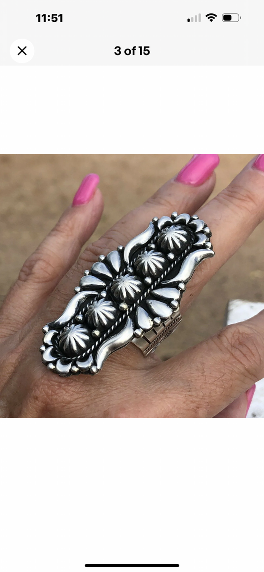 Patrick Yazzie Handcrafted Sterling Silver Concho Hand Stamped Ring