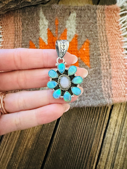 Handmade Queen Pink Conch, Fire Opal & Sterling Silver Pendant