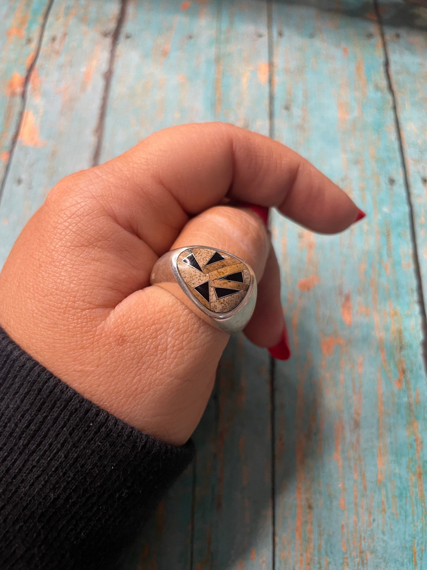 Old Pawn Handcrafted Sterling Silver, Tiger Eye & Onyx Ring Size 11