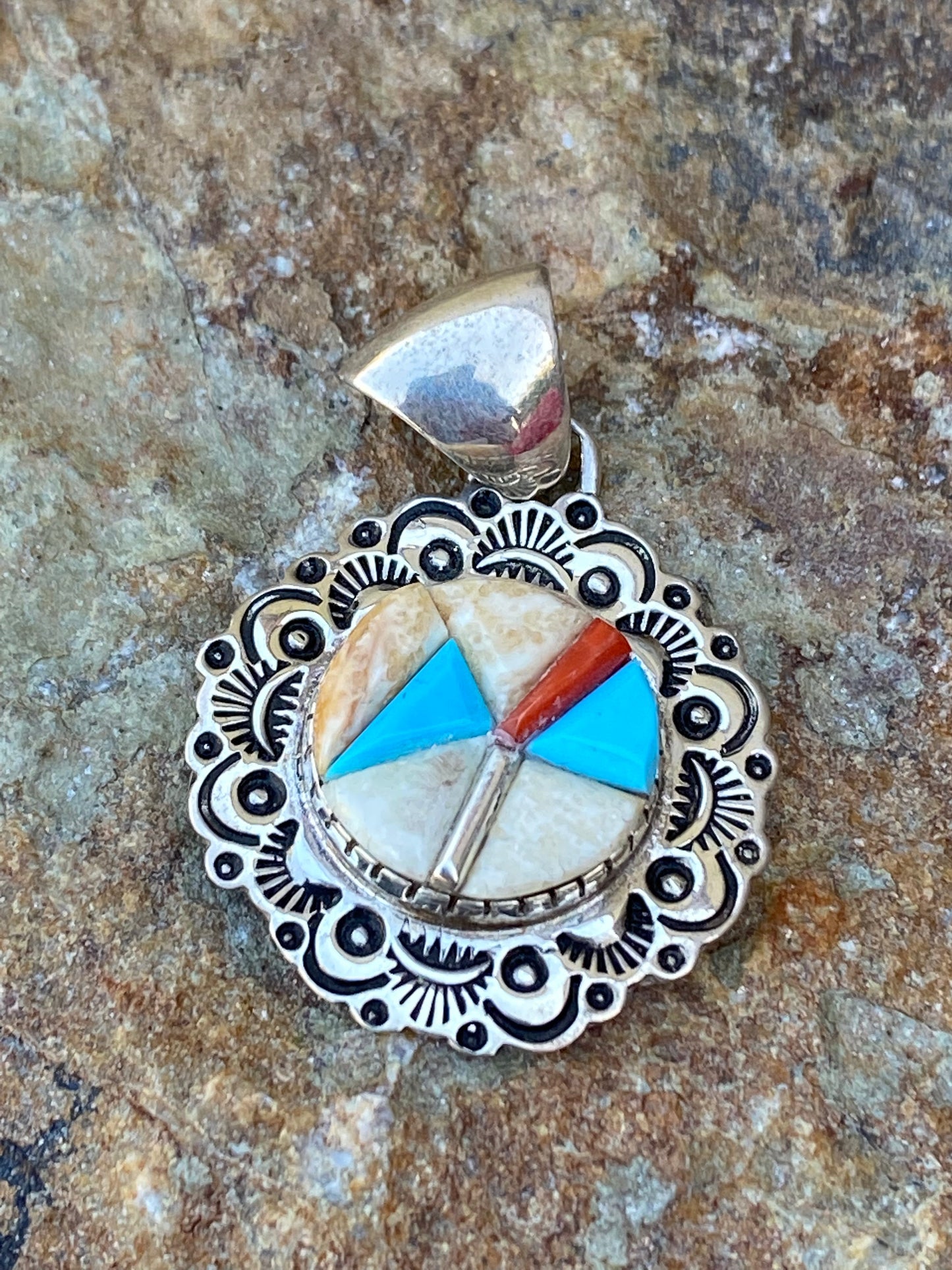Handcrafted Turquoise, Coral & Mother of Pearl Pendant Necklace
