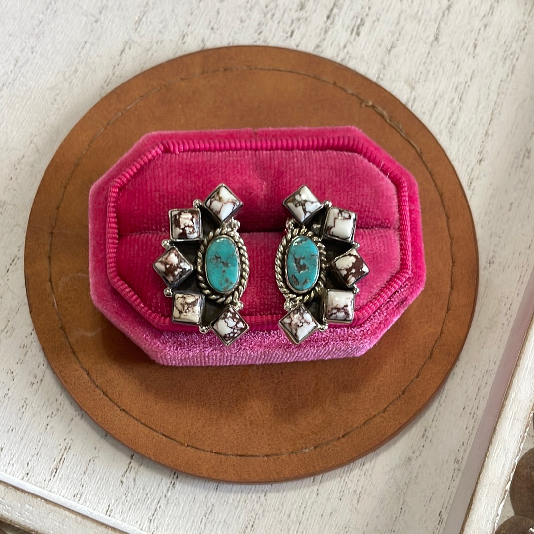 Nizhoni Wild Horse & Turquoise Sterling Silver Cluster Earrings