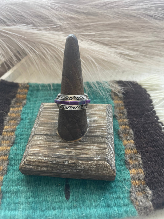 Handcrafted Sterling Silver & Purple Opal Inlay Ring Band Size 9