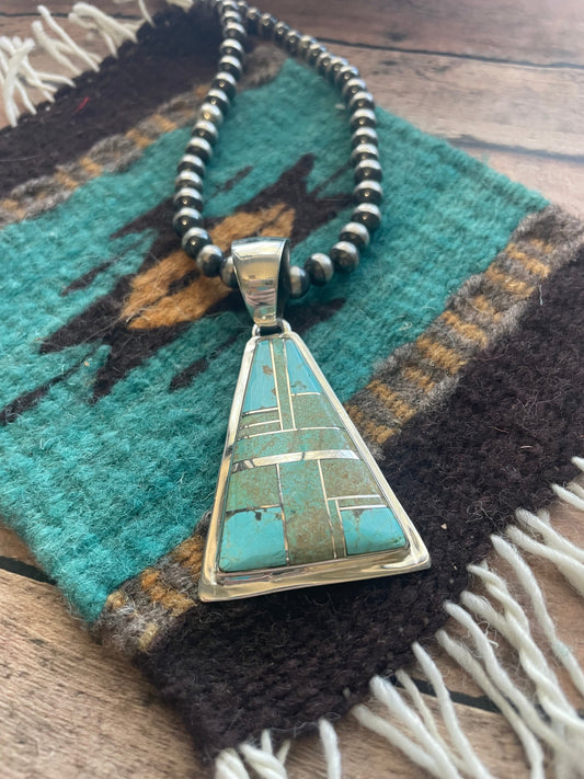 Handcrafted Number 8 Turquoise Inlay & Sterling Silver Triangle Pendant