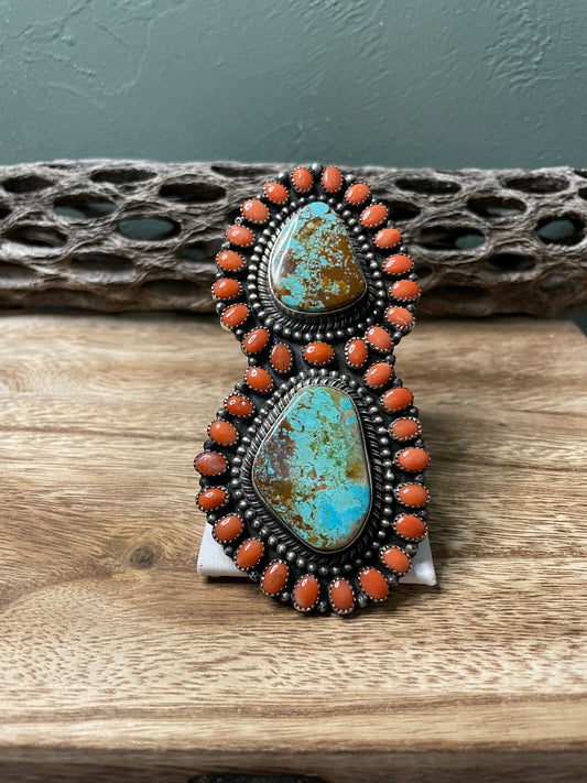 Handcrafted Sterling Silver Turquoise And Orange Spiny Statement Ring Sz 10