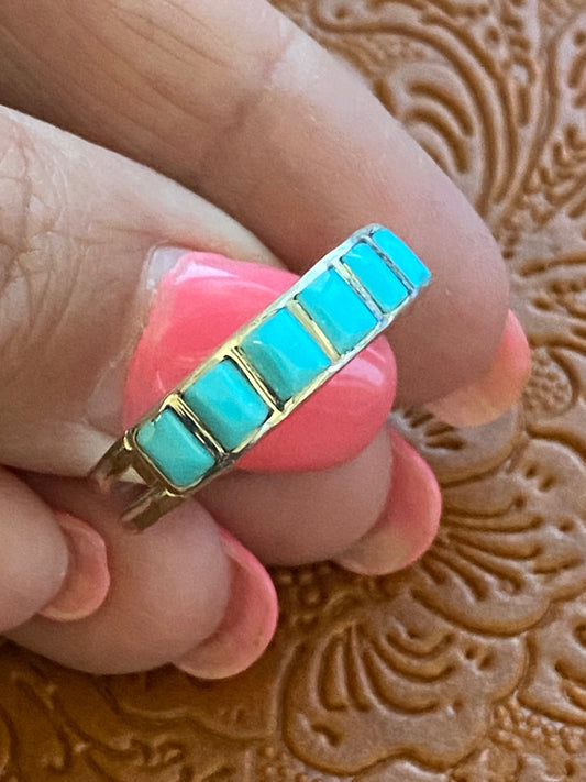 Handcrafted Sterling Silver & Six Stone Turquoise Stone Inlay Band Ring