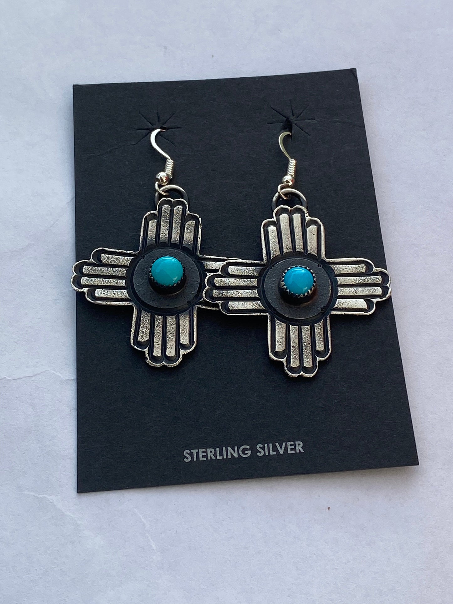 Navajo Turquoise & Sterling Silver Zia Dangle Earrings By Kevin Billah