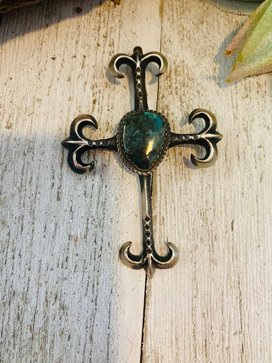 Handcrafted Sterling Silver & Royston Turquoise Cross Pendant By Martha Cayatineto