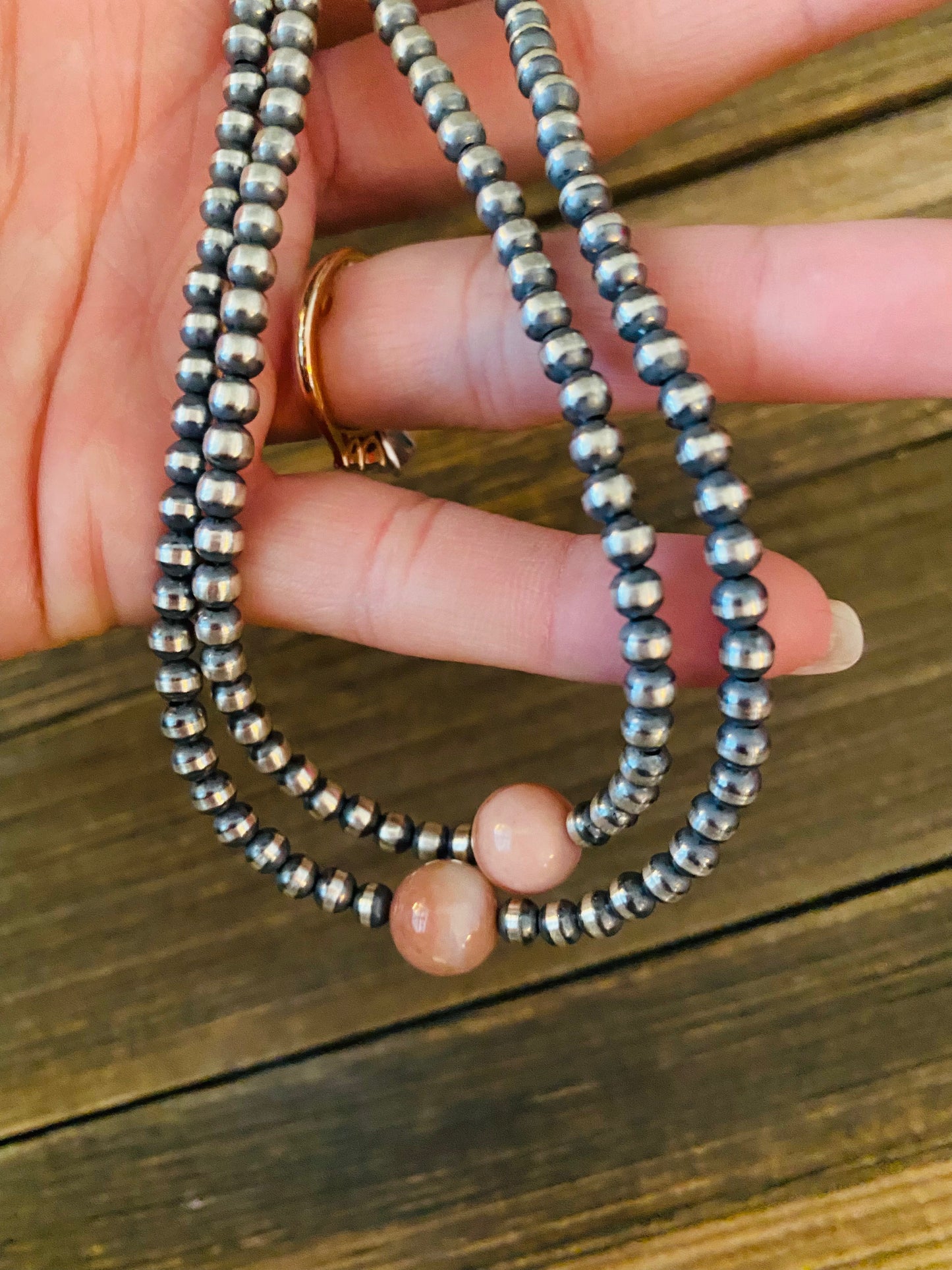 Handcrafted Sterling Silver Pearl & Pink Opal Beaded Necklace 72 inch