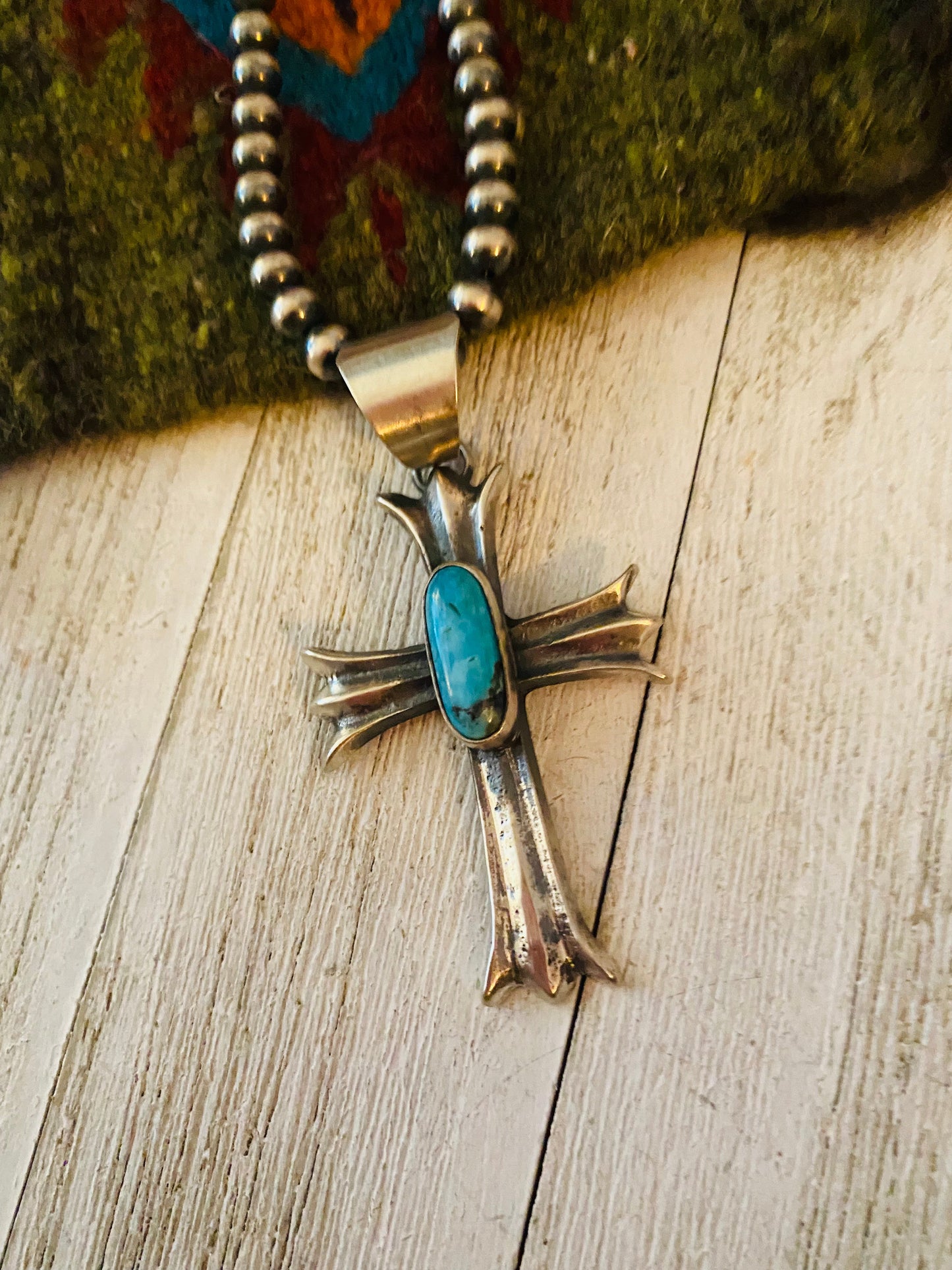 Navajo Sterling Silver & Turquoise Cross Pendant By Chimney Butte