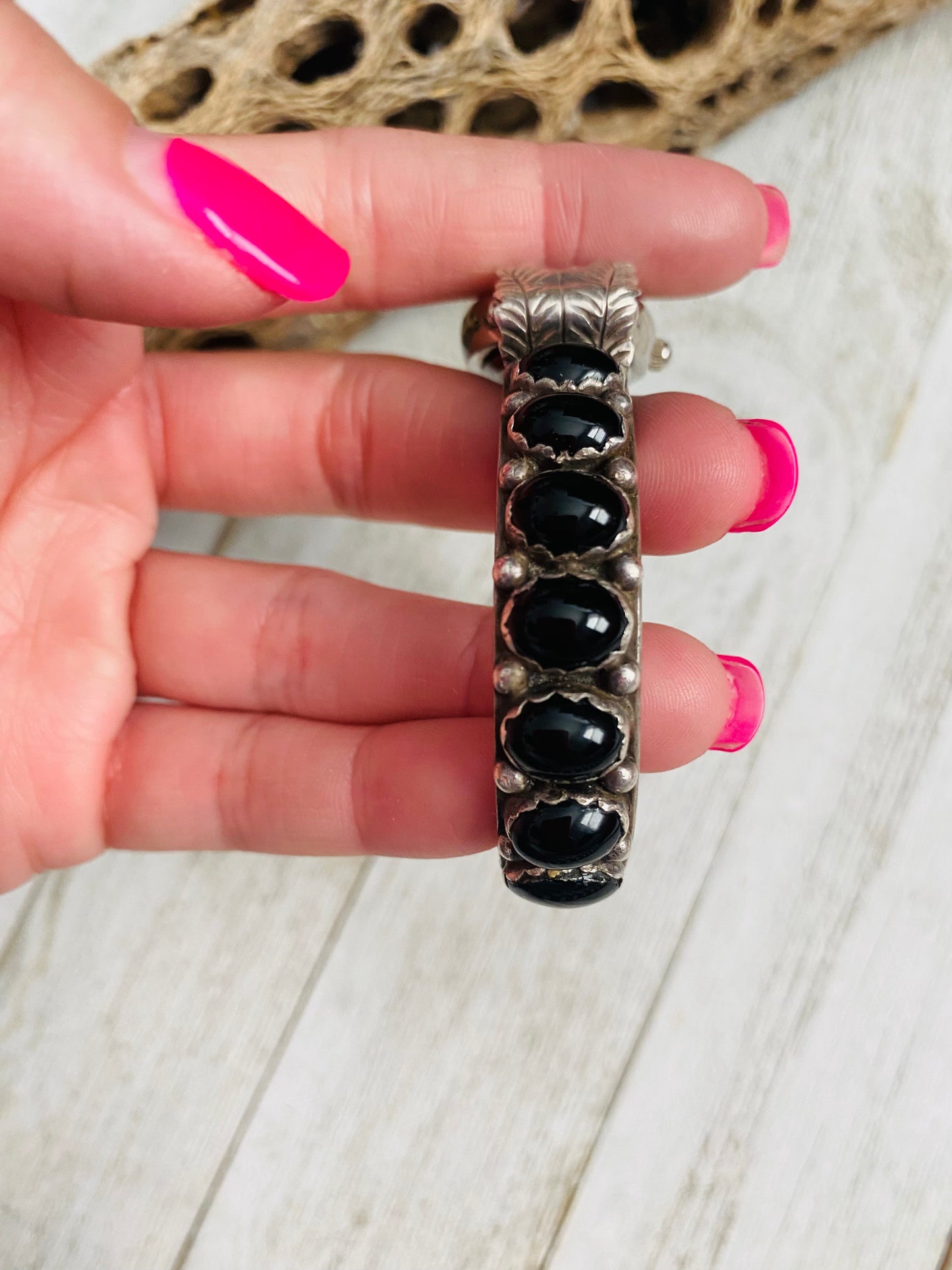 Old Pawn Vintage Handcrafted Onyx & Sterling Silver Watch Cuff